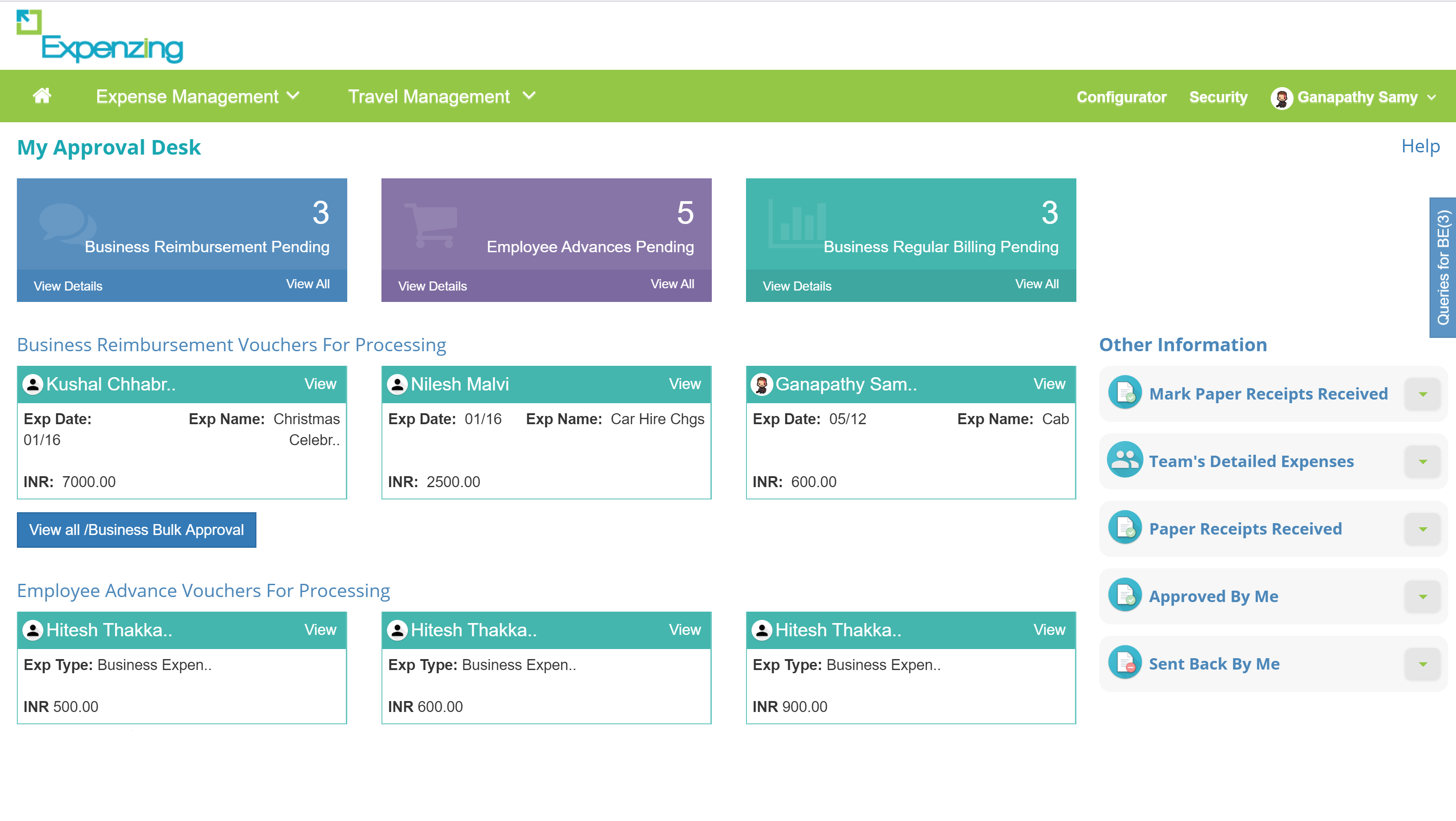 Existing expense dashboard with callouts showing prioritisation, policy visibility, and repeated-action issues